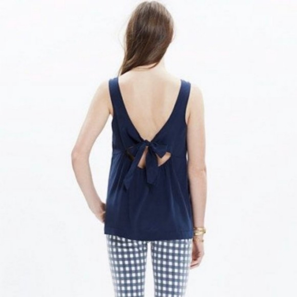 Madewell Silk Lookout Bow-Back Cutout Top Navy Blue Sleeveless Round Neck- L - Picture 2 of 12